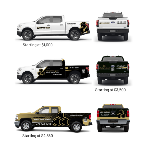 Truck Wrap Pricing Three pickup trucks showing different levels of vehicle wrap designs and pricing, from basic black and gold logos on white ($1,000), partial graphic wrap ($3,500), to a full gold and black wrap with hexagon patterns ($4,650).