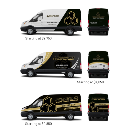 Van Wrap Pricing Three white vans display different vehicle wrap designs for Wrapology, featuring black and gold geometric graphics, logo, and contact details. Each design lists a starting price: $2,750, $4,050, and $4,850.