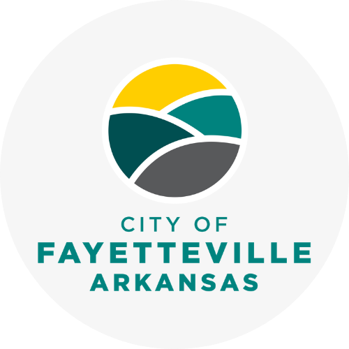 Logo for the City of Fayetteville, Arkansas, featuring a circular design with stylized green, yellow, and gray hills above bold teal text reading City of Fayetteville Arkansas on a light background.