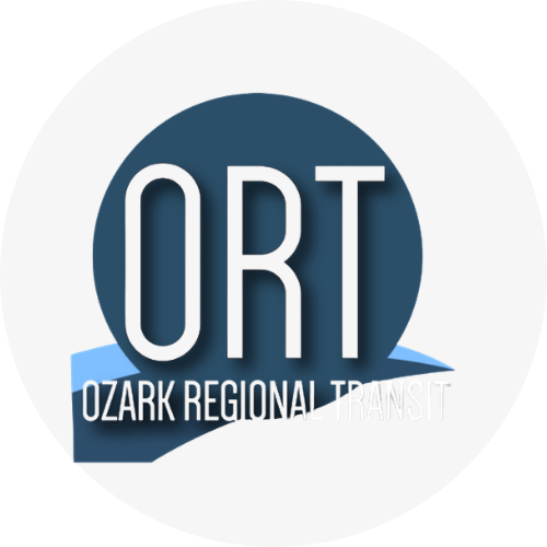 Logo featuring large white letters ORT with Ozark Regional Transit in smaller text below, set against a blue circular and angular background on a light gray field.